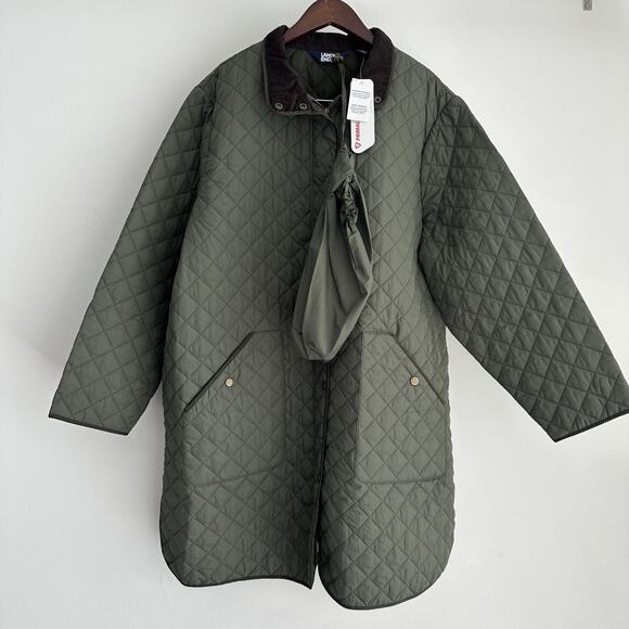 Lands' End Quilted Coat Womens 2X Olive Quilted Barn PrimaLoft Packable Corduroy - Picture 1 of 11
